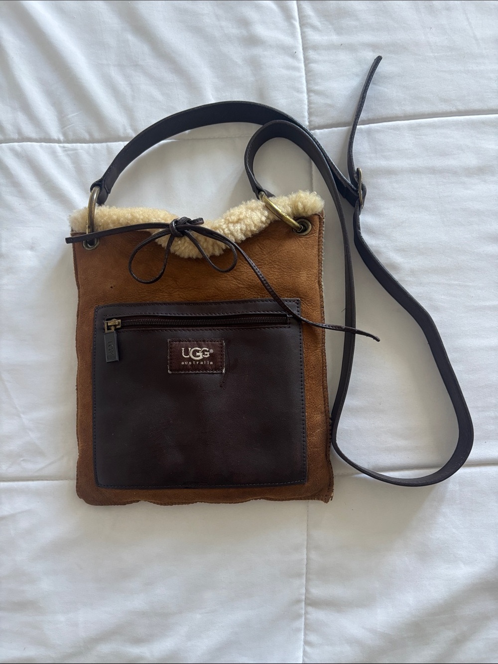 UGG Brown Suede & Dark Brown Leather  Bag with Shearling Trim